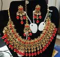 Kunda & Bead Work Indian Designer Golden Necklace, Earrings & Tika Set